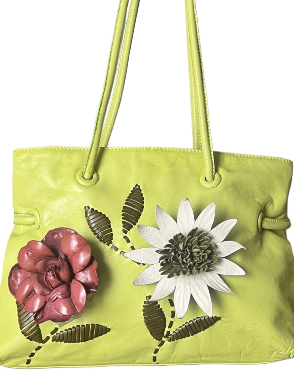 Paolo Masi Leather Lime Green Floral Appliqué Shoulder Bag